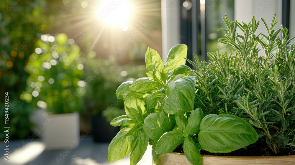 Fototapeta premium vibrant herb garden with fresh basil and rosemary basking sunlight, creating serene atmosphere