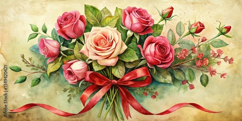 Wallpaper Mural Vintage watercolor roses, a vibrant red ribbon accentuating pink floral artistry. Torontodigital.ca