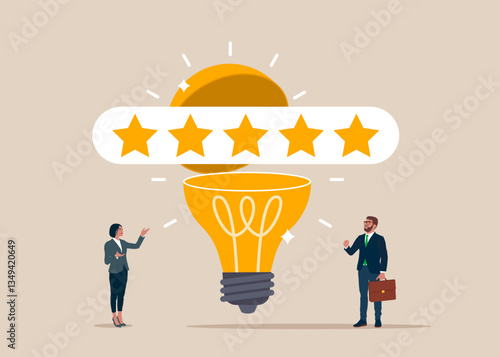Open lightbulb to see star quality rating. High performance 5 stars rating on customer service. Top rating - Customer review online. Flat vector illustration.
