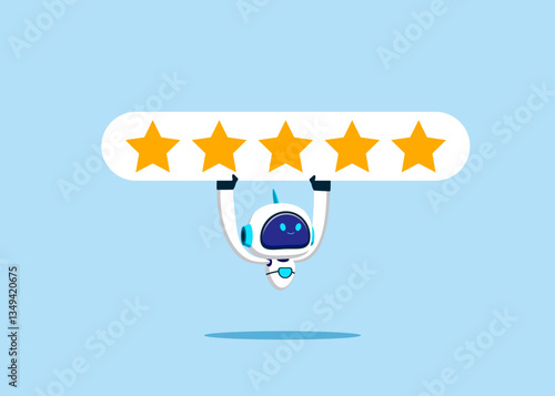 Robot holding 5 stars rating. Best quality, excellence high performance evaluation 5 stars rating on customer service. Modern vector illustration in flat style.