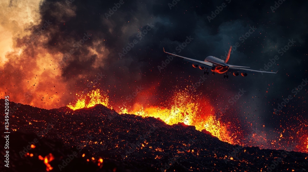 Naklejka premium Dramatic Airplane Flight Over Erupting Volcano
