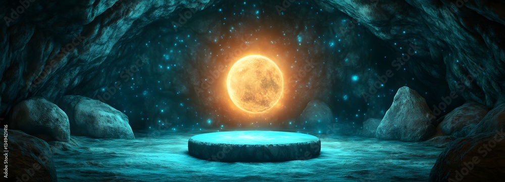 A podium shaped from luminous moonstone, glowing softly on the right in a mystical cave.