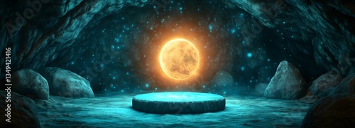Obraz na płótnie A podium shaped from luminous moonstone, glowing softly on the right in a mystical cave. w salonie
