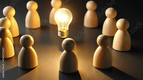 Innovative idea generation with wooden figures and glowing light bulb, fostering creativity and collaboration in warm atmosphere that inspires teamwork and innovation.