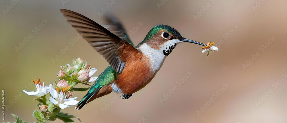 Fototapeta premium Hummingbird in Flight, Feeding on Flower