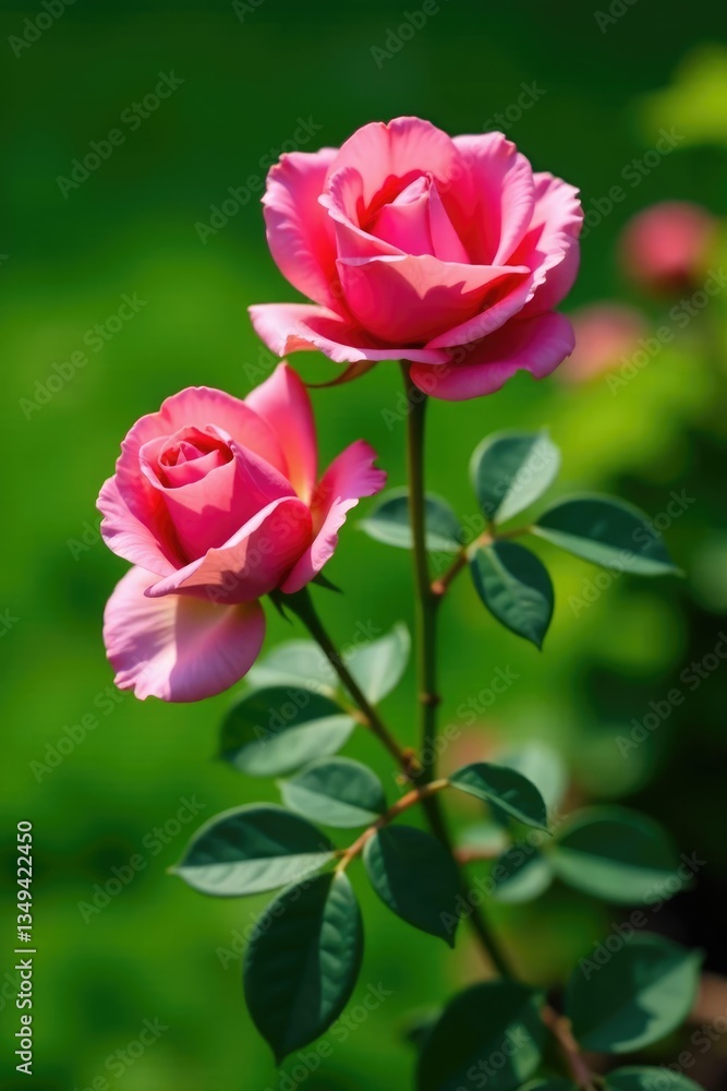 Fototapeta premium Delicate dark pink roses in full bloom against a lush green lawn, flowers, garden