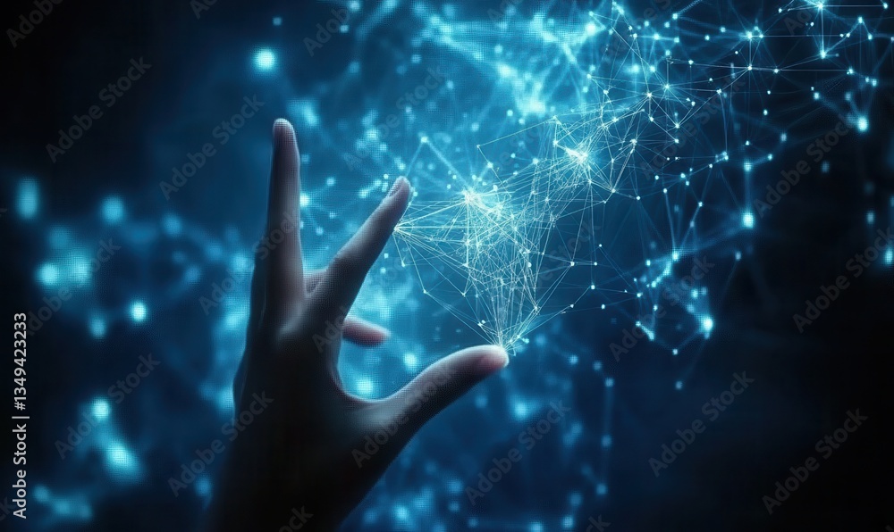 Hand Interacting With Glowing Blue Network Abstract Background Hand Interacting With Glowing Blue Network Abstract Background