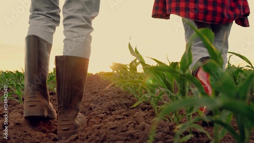 Tableau sur toile farmer rubber boots walks raising dust field sunset, child farmer working field