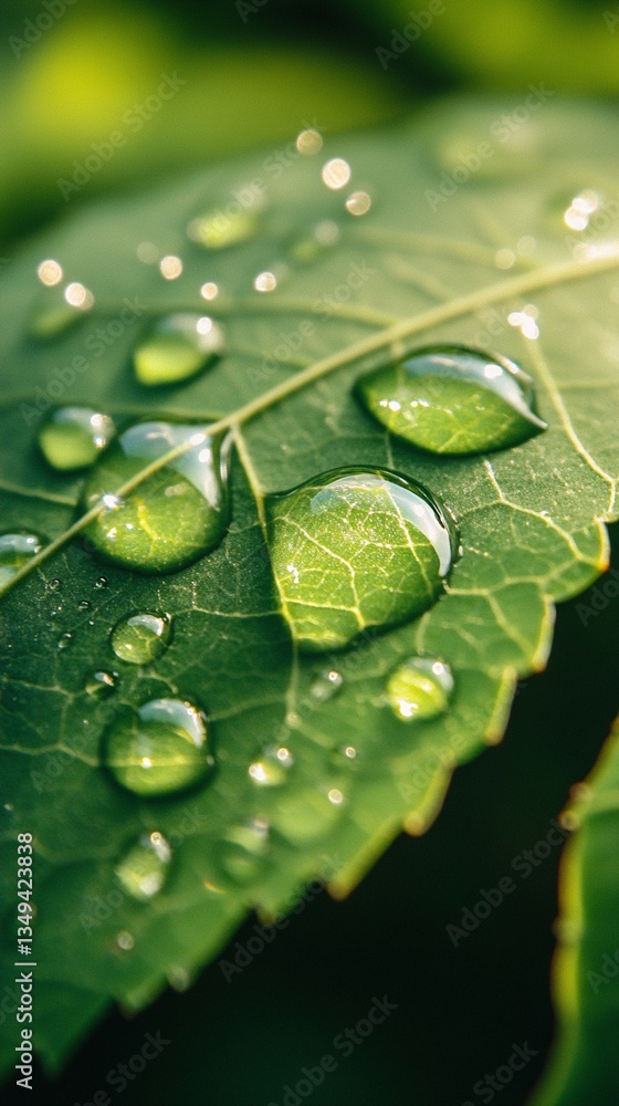 Fototapeta premium Leaf adorned with glistening water droplets, capturing the beauty of nature's delicate details and highlighting the freshness and tranquility of the greenery in vibrant close-up.