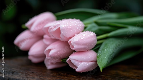 Delicate pink tulips with water droplets.  Close-up of a bouquet of fresh, pastel pink tulips, covered in dew drops.   #1349424690
