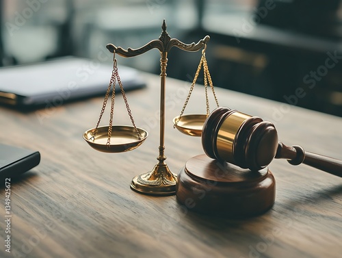 Justice Scales  Gavel on Desk.