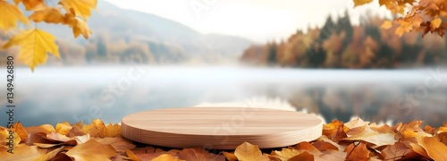 Obraz na płótnie A podium resting on a bed of golden autumn leaves, positioned on the right near a misty lake. w salonie