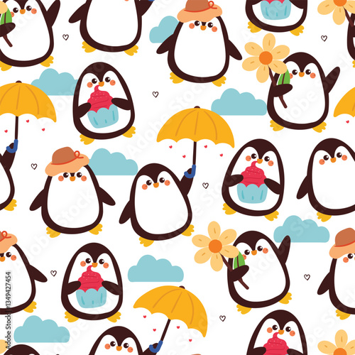 seamless pattern cute cartoon penguin with cute stuff and sky element. animal pattern for wallpaper, background and gift wrap paper