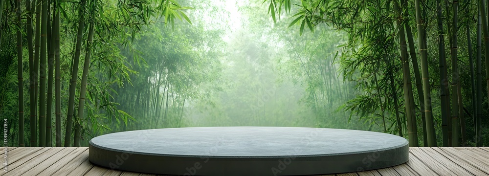 A podium placed on the right beside a tranquil bamboo grove, surrounded by soft morning fog.
