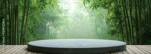 Obraz na płótnie A podium placed on the right beside a tranquil bamboo grove, surrounded by soft morning fog. w salonie