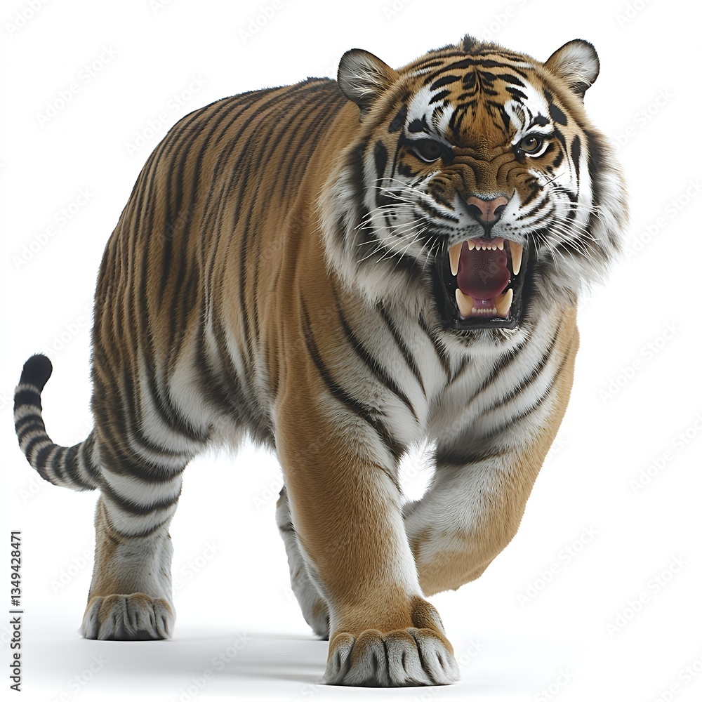 Obraz premium Majestic Bengal Tiger Walking Towards Camera with Open Mouth Showing Teeth
