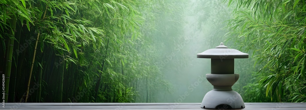 A podium placed on the right beside a tranquil bamboo grove, surrounded by soft morning fog.