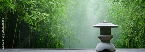 Obraz na płótnie A podium placed on the right beside a tranquil bamboo grove, surrounded by soft morning fog. w salonie