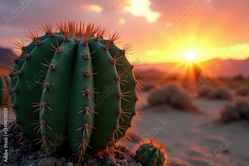 Prickly spines on a large nopal cactus at sunset, landscape, cactus, sand
