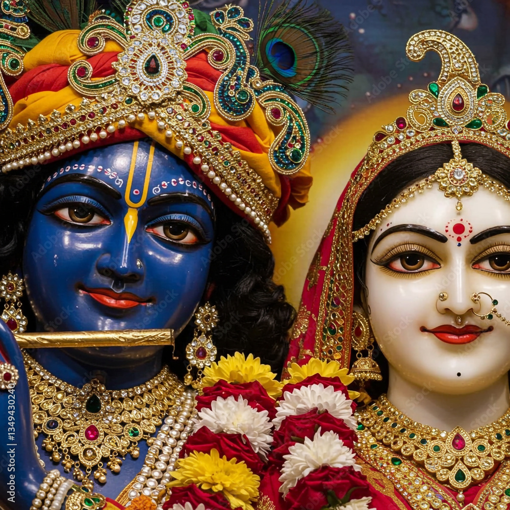 Divine Couple's Beauty: Radha Krishna with Ornate Crowns and Garlands Divine Couple's Beauty: Radha Krishna with Ornate Crowns and Garlands