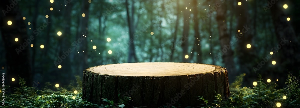 A podium formed from aged tree bark, standing on the right in a dense, glowing forest.