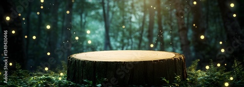 Obraz na płótnie A podium formed from aged tree bark, standing on the right in a dense, glowing forest. w salonie