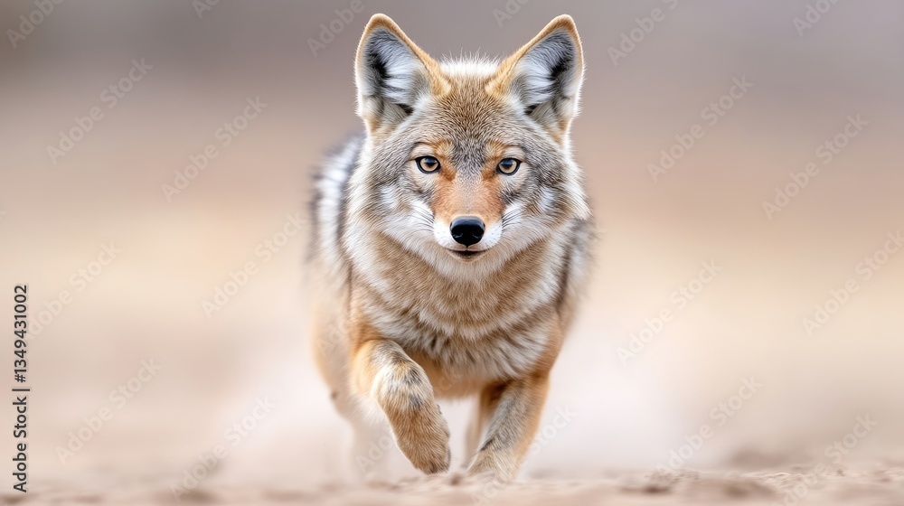 Fototapeta premium Wild coyote running directly towards the camera on dusty ground in natural daylight.
