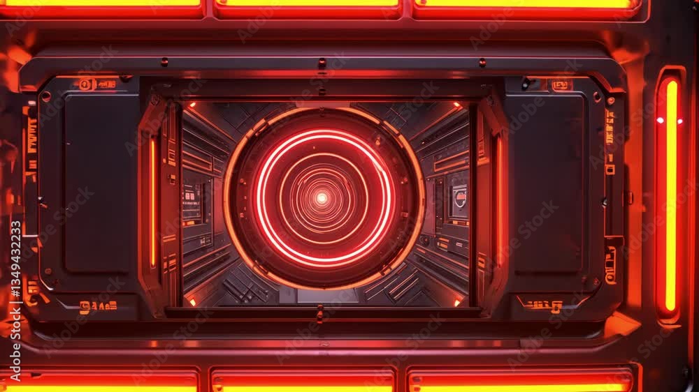 Futuristic tunnel with glowing red lights and intricate circular design, showcasing depth and advanced technology in captivating atmosphere. Futuristic tunnel with glowing red lights and intricate circular design, showcasing depth and advanced technology in captivating atmosphere.