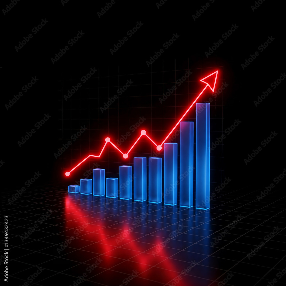Neon red chart showing growth on blue bars on a black background. Neon red chart showing growth on blue bars on a black background.