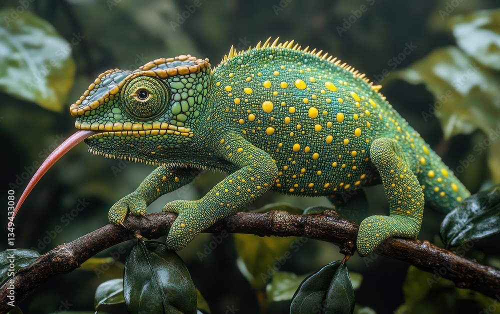 Chameleon hunting, jungle branch, tongue out, foliage background, wildlife Chameleon hunting, jungle branch, tongue out, foliage background, wildlife