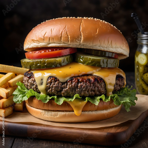 Juicy Cheeseburger with Melted Cheddar & Crispy Fries