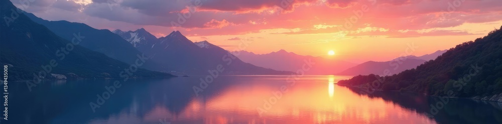 Softly glowing sunset over mountain range with calm lake, mountains, peaceful Softly glowing sunset over mountain range with calm lake, mountains, peaceful