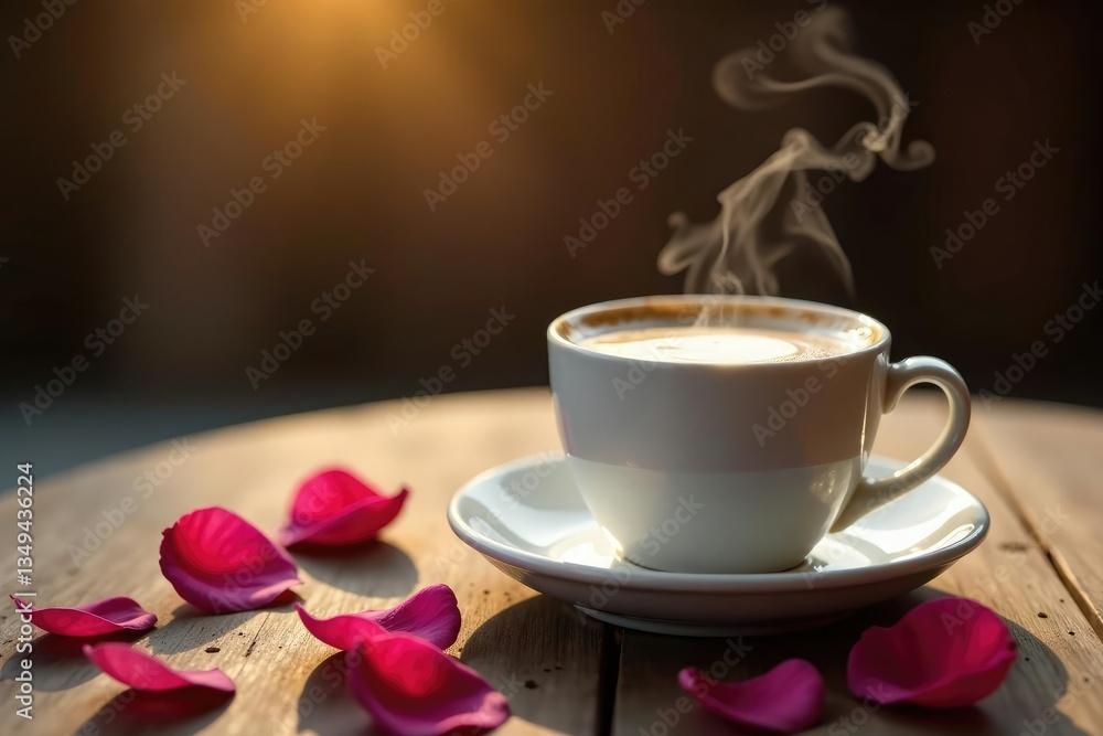 steaming cup of coffee on a wooden table with a few rose petals scattered around it, liquid, flowers steaming cup of coffee on a wooden table with a few rose petals scattered around it, liquid, flowers