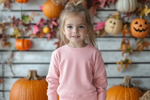Kids Halloween tshirt mockup. Little girl model in pink weatshirt, standing near pumpkin holiday decoration background. Kids autumn, fall long sleeve tshirt mockup. Blank jumper template