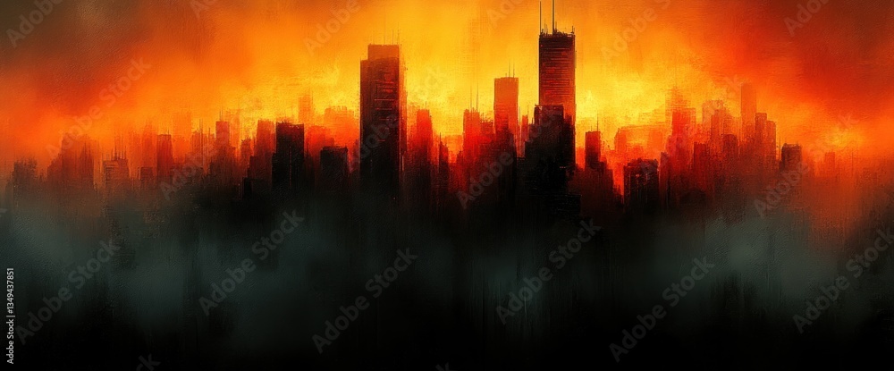 Fiery city skyline engulfed in smoke and flames, apocalyptic scene Fiery city skyline engulfed in smoke and flames, apocalyptic scene