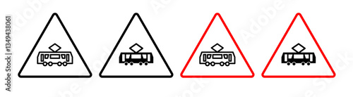 Tramway caution traffic signs pack. vector illustrations designs