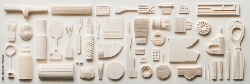 Fototapeta premium Minimalist arrangement of off-white sculpted household items