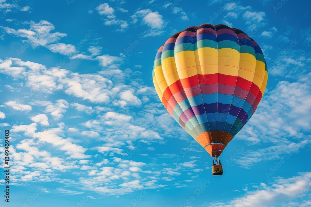 Fototapeta premium Colorful hot air balloon floats peacefully in the bright blue sky with fluffy clouds during a sunny day in a rural landscape