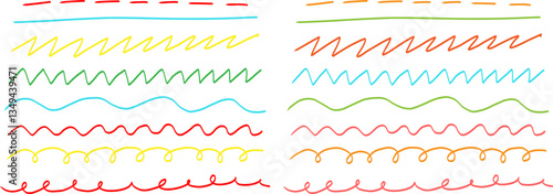 Set of colorful hand-drawn lines, waves, zigzags, and curly strokes. Playful and dynamic sketch-style elements perfect for highlights, underlines
