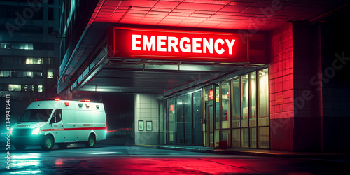 Ambulance with lights on parked at the emergency entrance of a hospital during the night - hospitals and emergency medical services concept