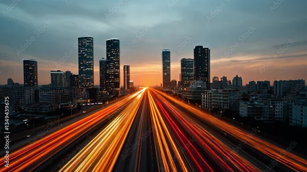 Stunning cityscape at dusk with skyscrapers and vibrant light trails on highway, capturing dynamic motion of urban life against beautiful sunset skyline. Stunning cityscape at dusk with skyscrapers and vibrant light trails on highway, capturing dynamic motion of urban life against beautiful sunset skyline.