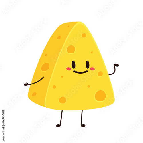 Cute happy cheese character. Funny food emoticon in flat style. Dairy emoji vector illustration.