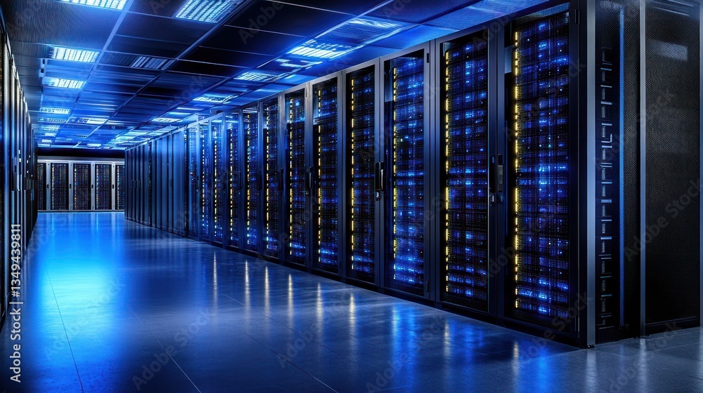 Rows of powerful servers illuminate a modern data center. Cool blue light reflects on polished floors Rows of powerful servers illuminate a modern data center. Cool blue light reflects on polished floors