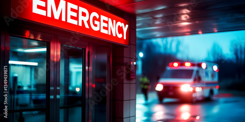 close up of an illuminated red emergency sign at a hospital entrance, with an ambulance arriving at night with lights flashing - hospitals and emergency medical services concept
