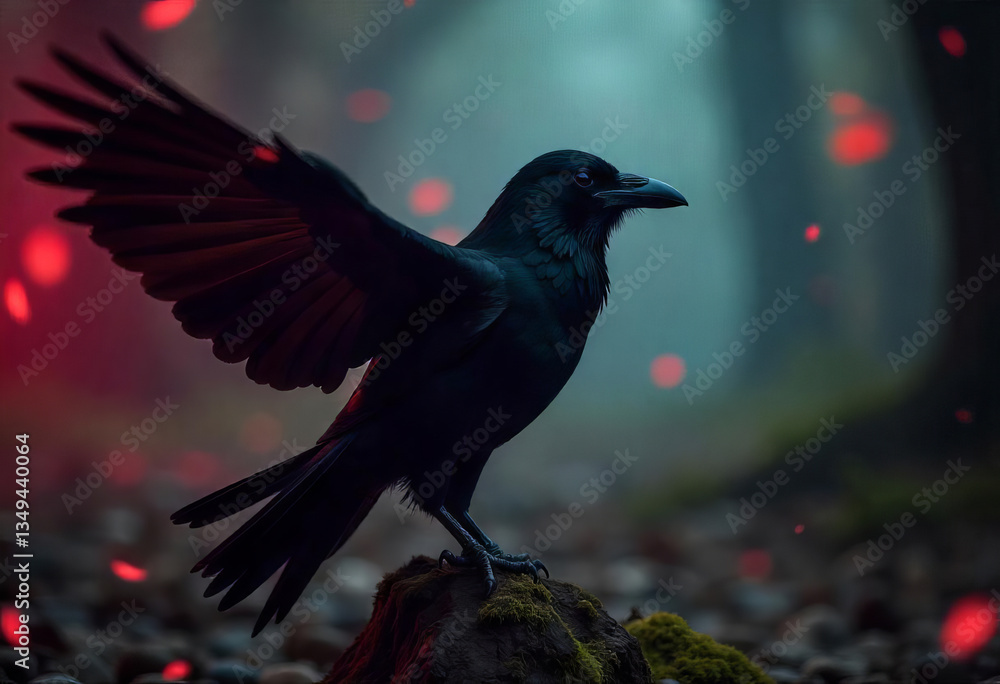 Fototapeta premium A black crow with open wings standing on a rock in a forest with a foggy background and red lights
