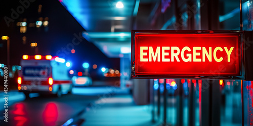 close up of an illuminated red emergency sign at a hospital entrance, with an ambulance arriving at night with lights flashing - hospitals and emergency medical services concept