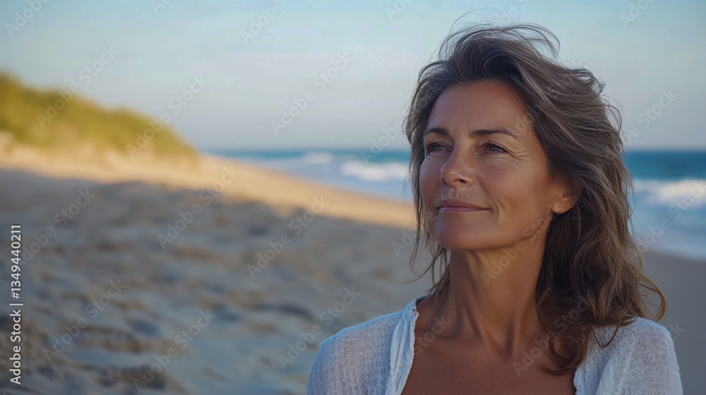 Portrait of a graceful middle-aged woman strolling along a peaceful sandy beach, basking in the warmth of a sunny summer day, with the gentle waves of the ocean in the backgr.