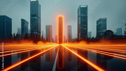 Futuristic cityscape with glowing skyscrapers and orange tower, reflecting modernity and innovation in vibrant light trails on wet pavement.