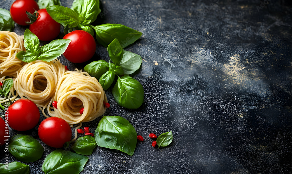 Pasta, tomatoes, basil on dark background; food recipe Pasta, tomatoes, basil on dark background; food recipe