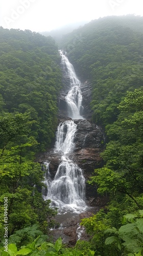 Lush green foliage surrounds a tall, cascading waterfall